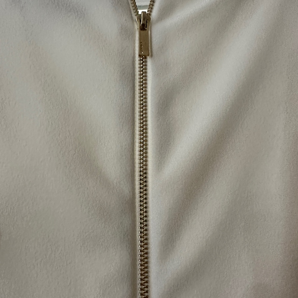 DKNY white flutter sleeve dress with gold zipper detail